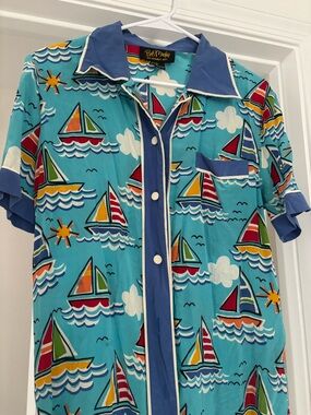 Bob Mackie Turquoise Multicolor Sailboat Camp Shirt